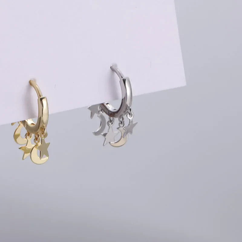 Silver Hanging Star and Moon Hoop Earrings