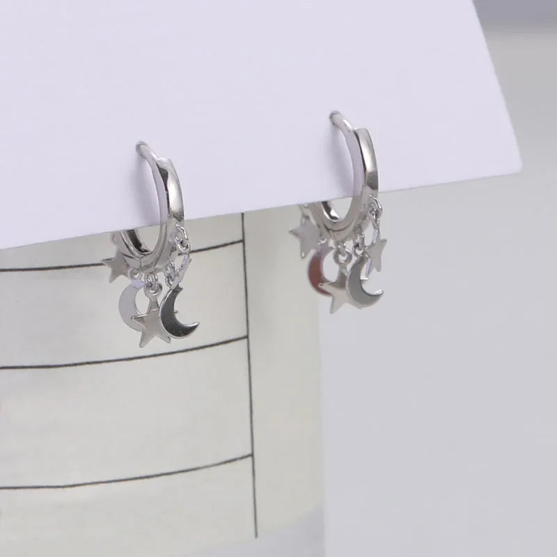 Silver Hanging Star and Moon Hoop Earrings