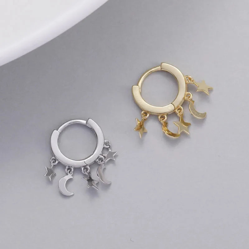 Silver Hanging Star and Moon Hoop Earrings