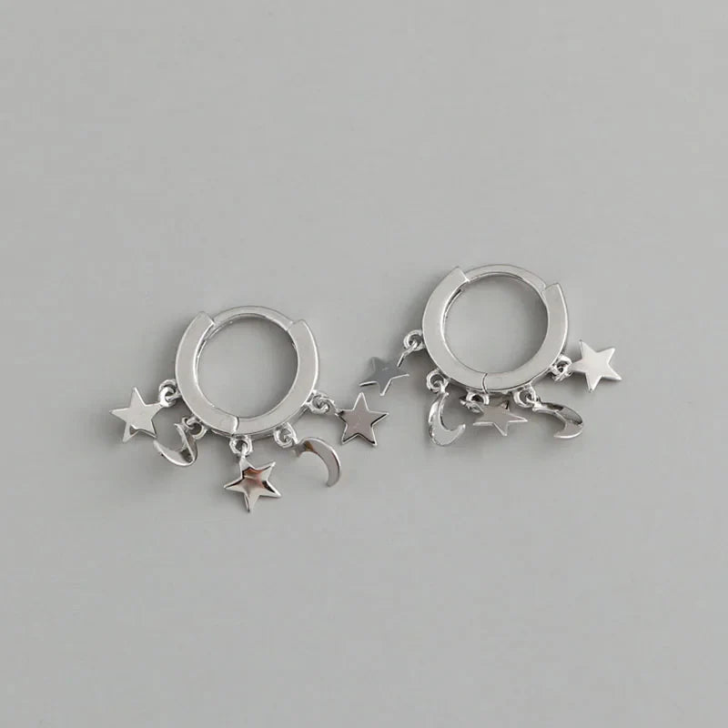 Silver Hanging Star and Moon Hoop Earrings