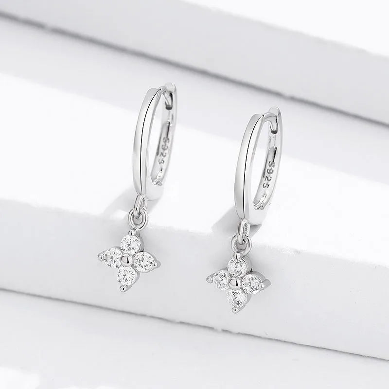 Silver Zircon Flower Hoop Earrings