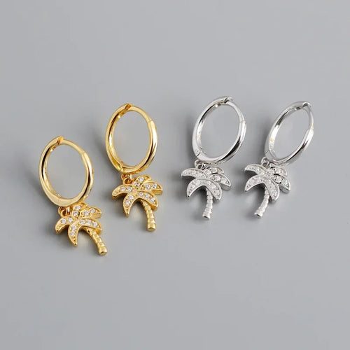 Palm Tree Hoop Earrings with Silver Zircon