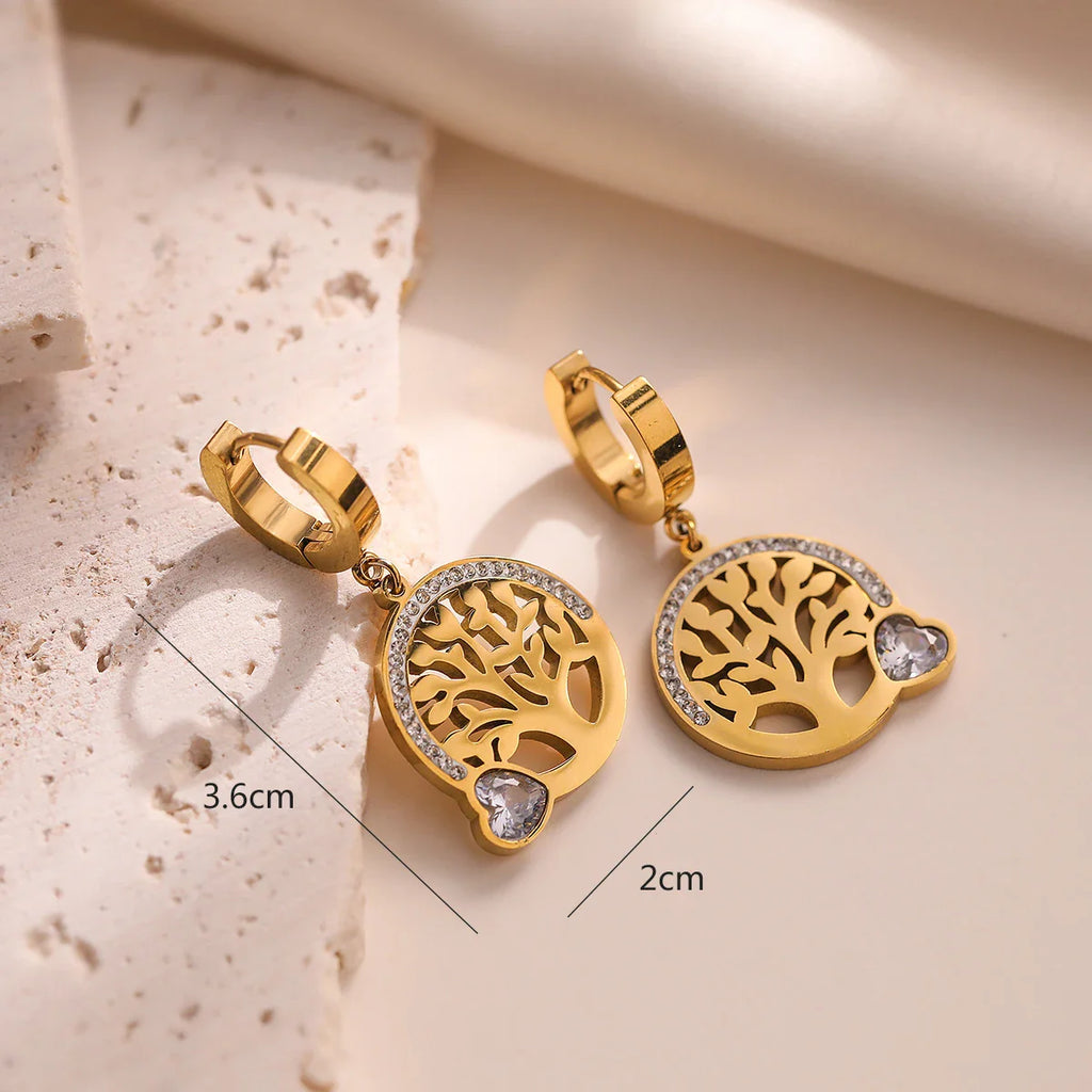 Dangling Hoop Earrings Tree of Life White Heart