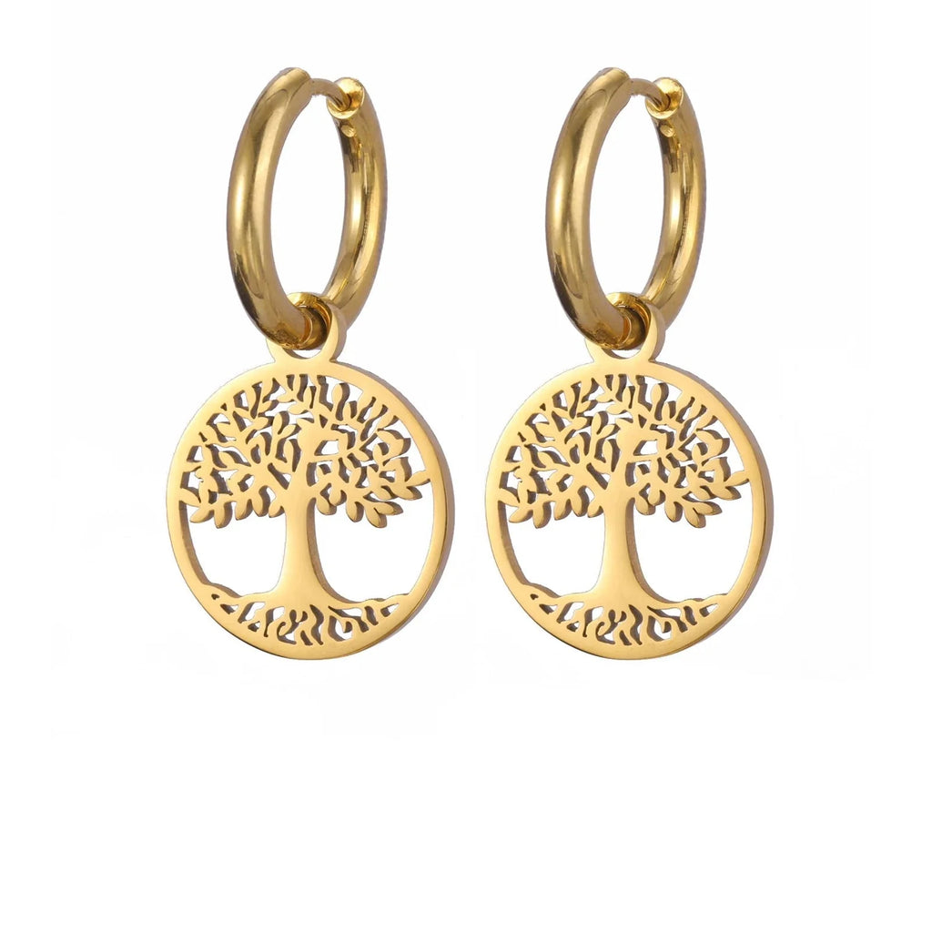 Gold Women's Tree of Life Hanging Hoop Earrings