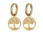 Gold Women's Tree of Life Hanging Hoop Earrings
