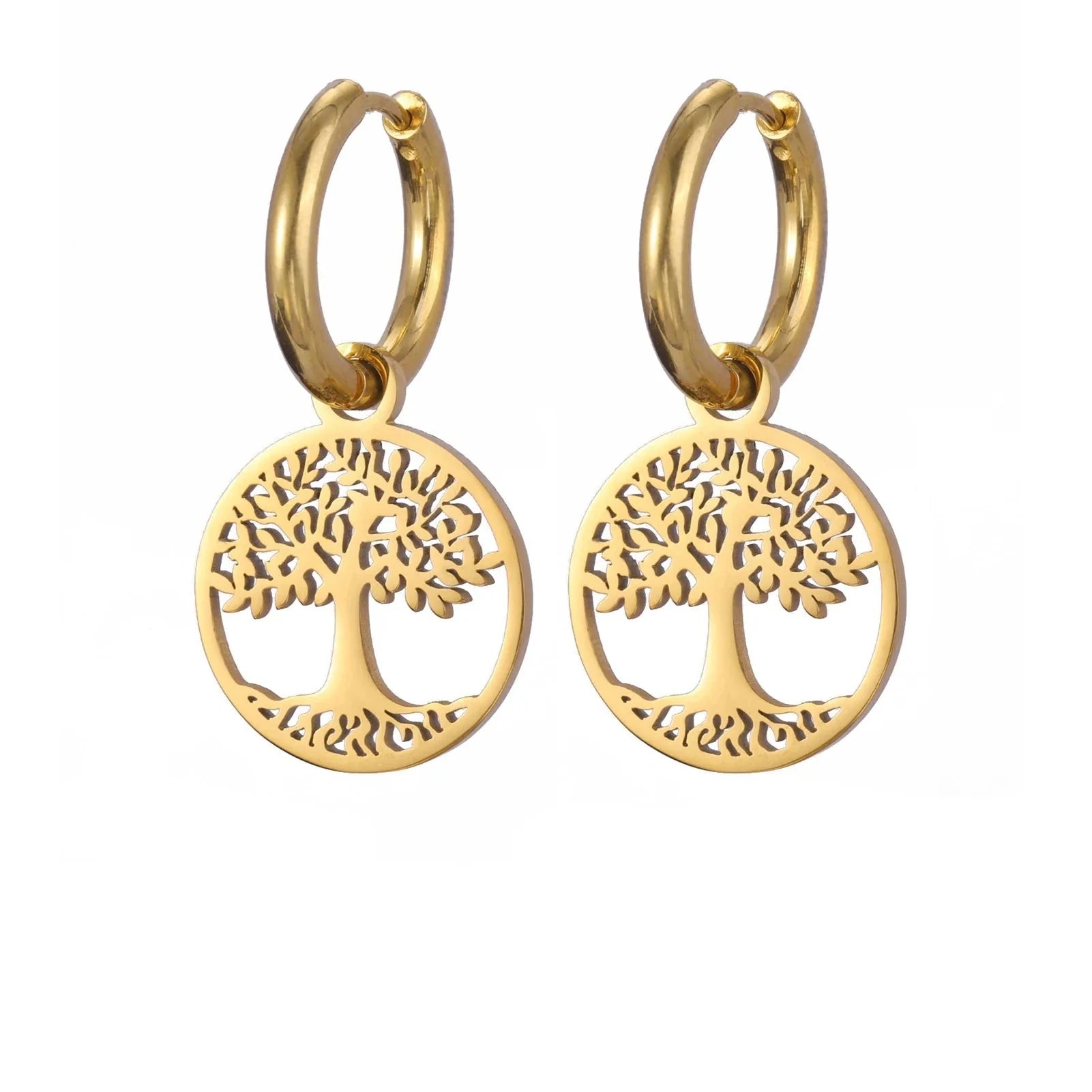 Gold Women's Tree of Life Hanging Hoop Earrings