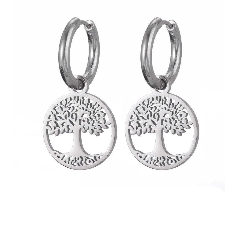 Silver Women's Tree of Life Hanging Hoop Earrings
