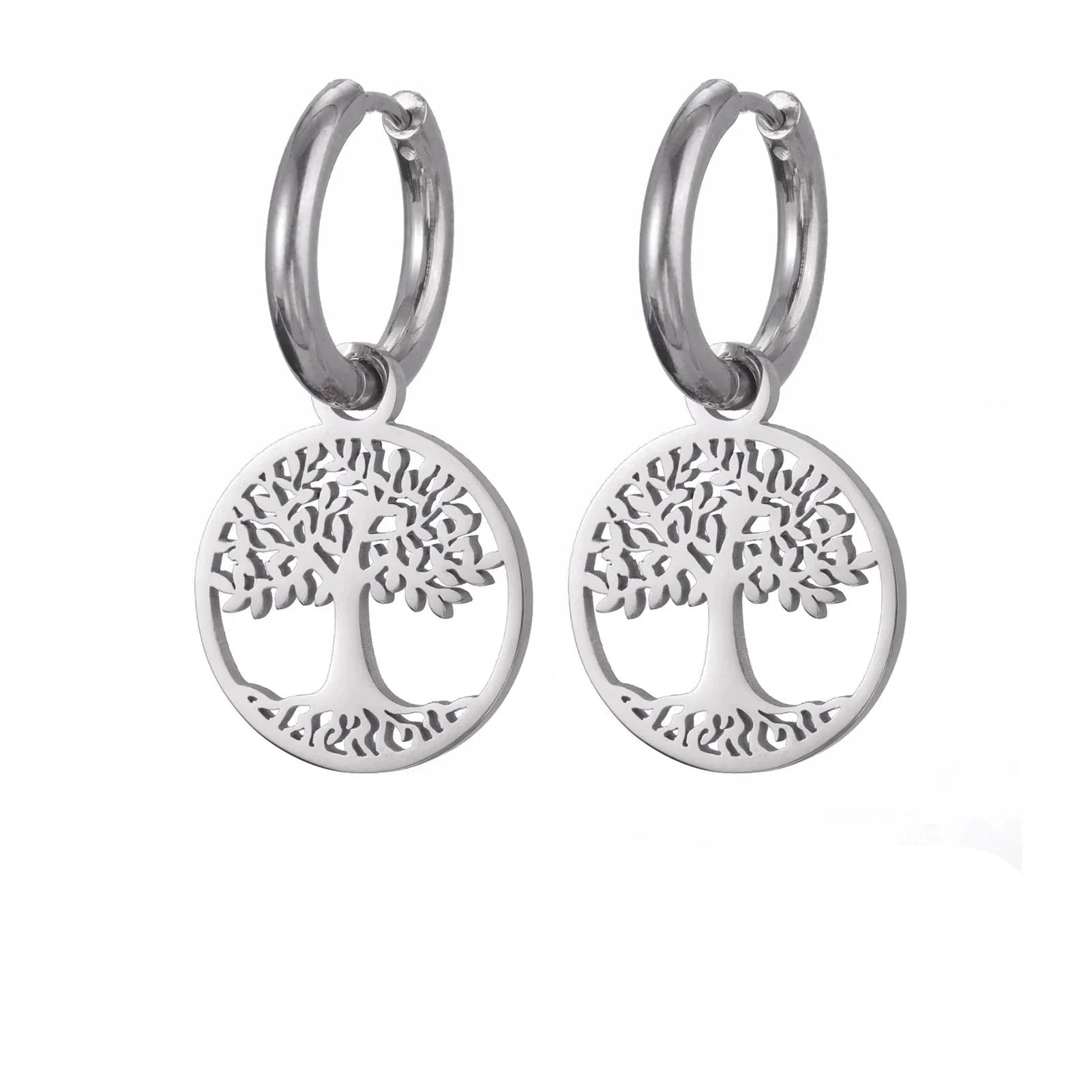 Silver Women's Tree of Life Hanging Hoop Earrings
