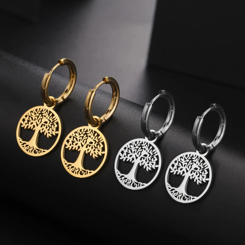 Silver Women's Tree of Life Hanging Hoop Earrings