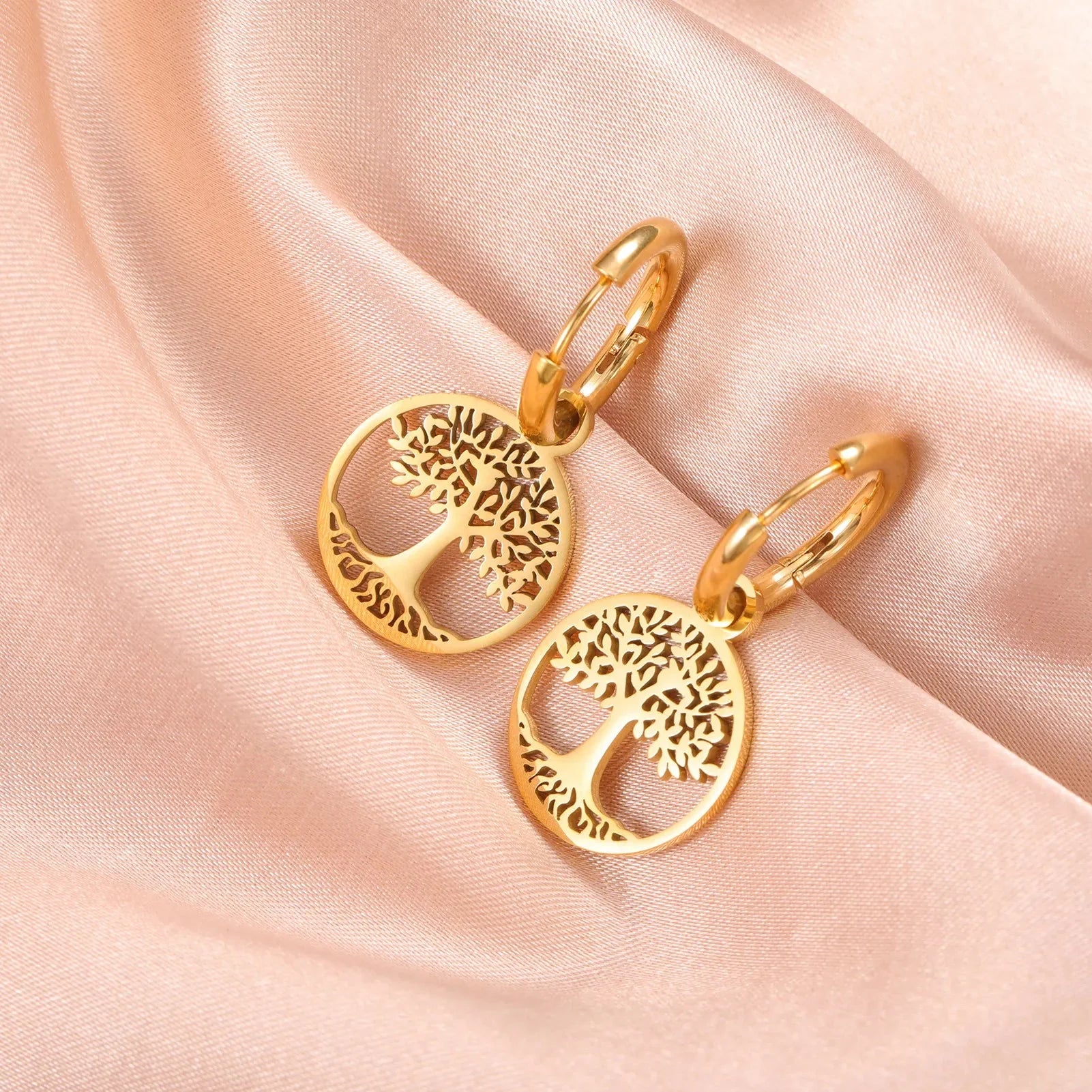Gold Women's Tree of Life Hanging Hoop Earrings