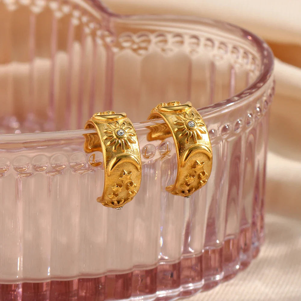 Retro Sun Gold Hoop Earrings