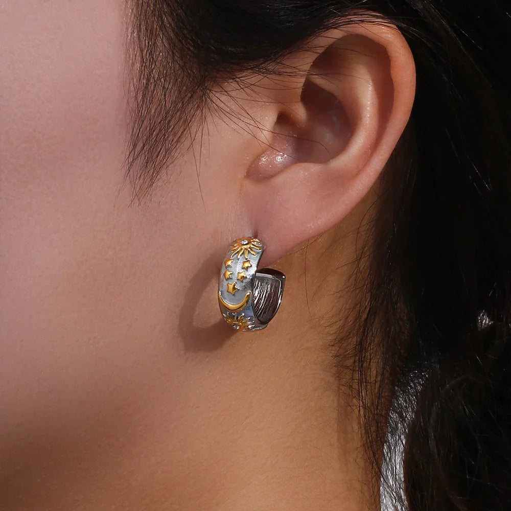 Retro Sun Silver Hoop Earrings