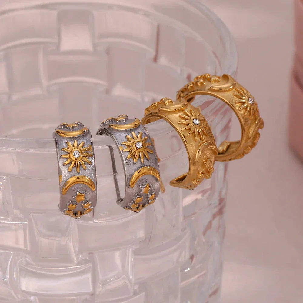 Retro Sun Silver Hoop Earrings