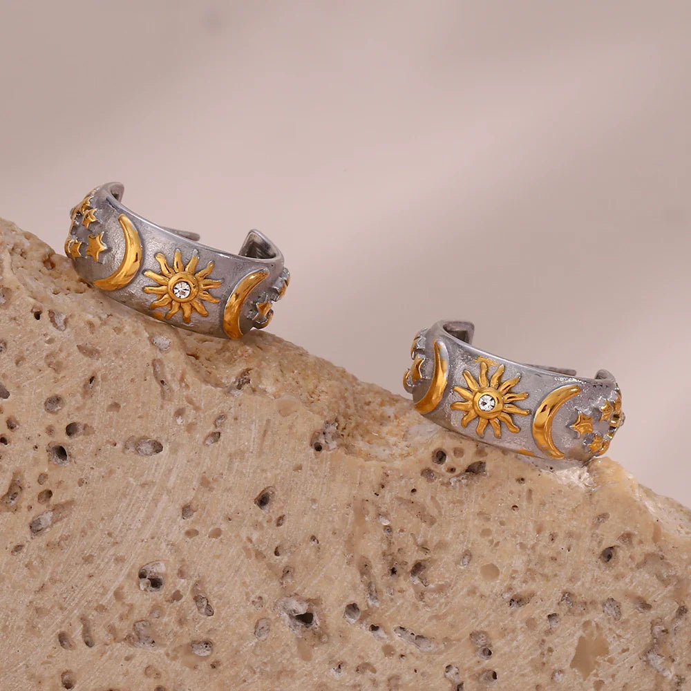 Retro Sun Silver Hoop Earrings