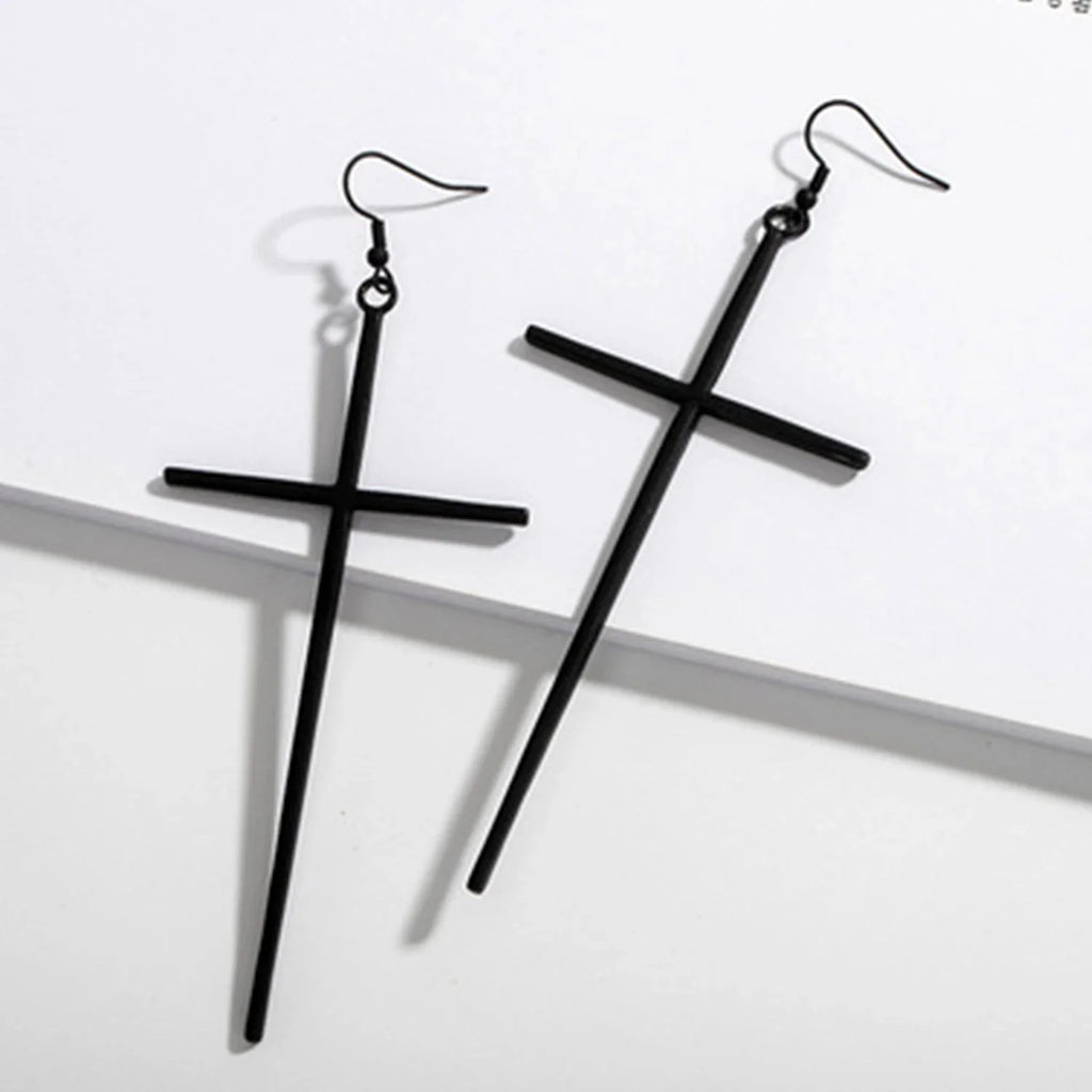 Long Black Cross Earrings