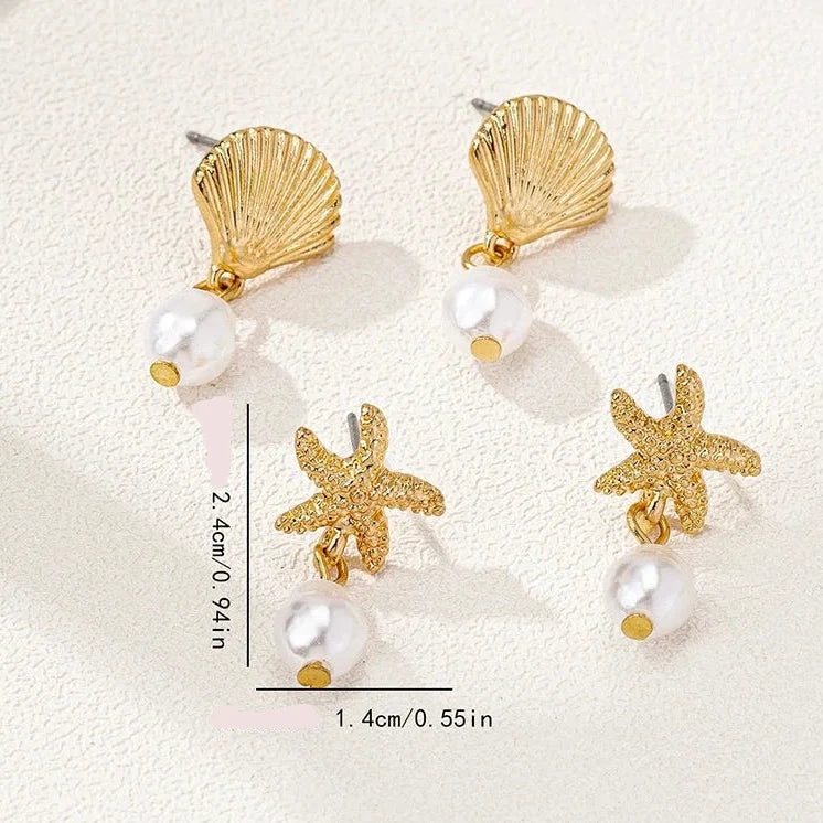 Gold-tone shell and pearl earrings