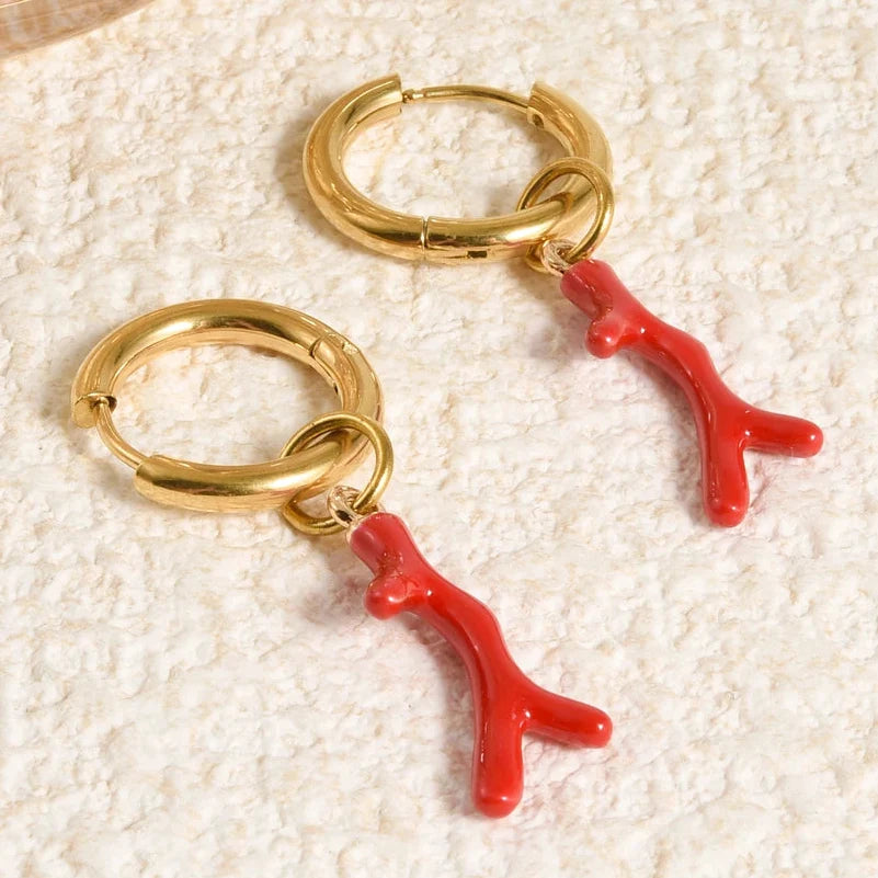 Red coral gold-tone earrings