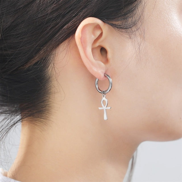 Egyptian Ankh Cross Earrings for Women Silver