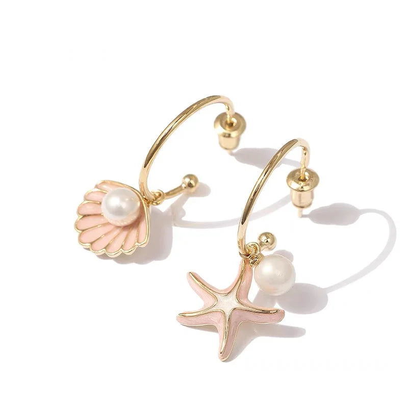 Shell and pink pearl enamel earrings