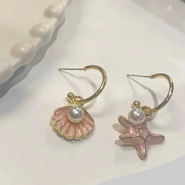 Shell and pink pearl enamel earrings