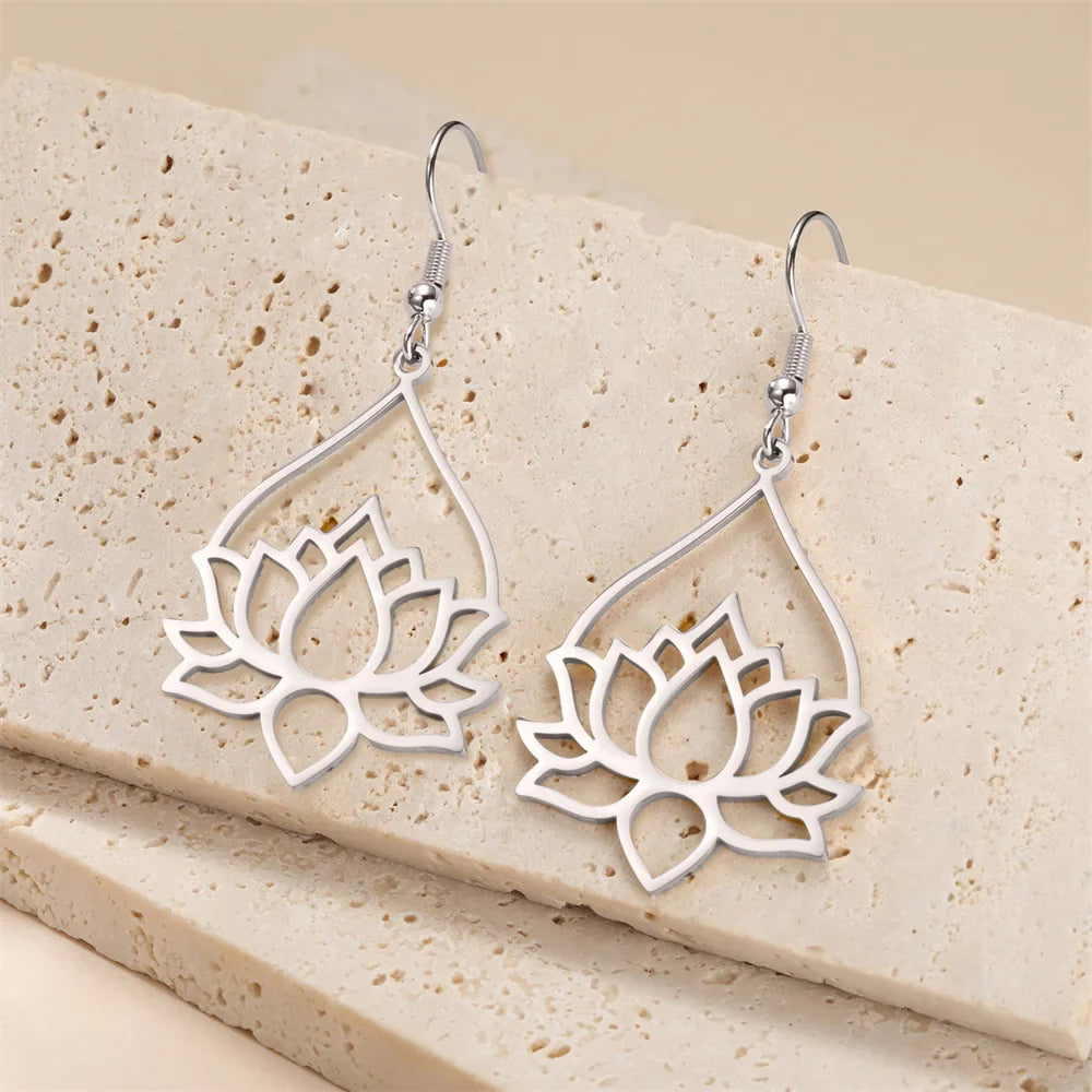 Women's Silver Lotus Flower Dangle Earrings