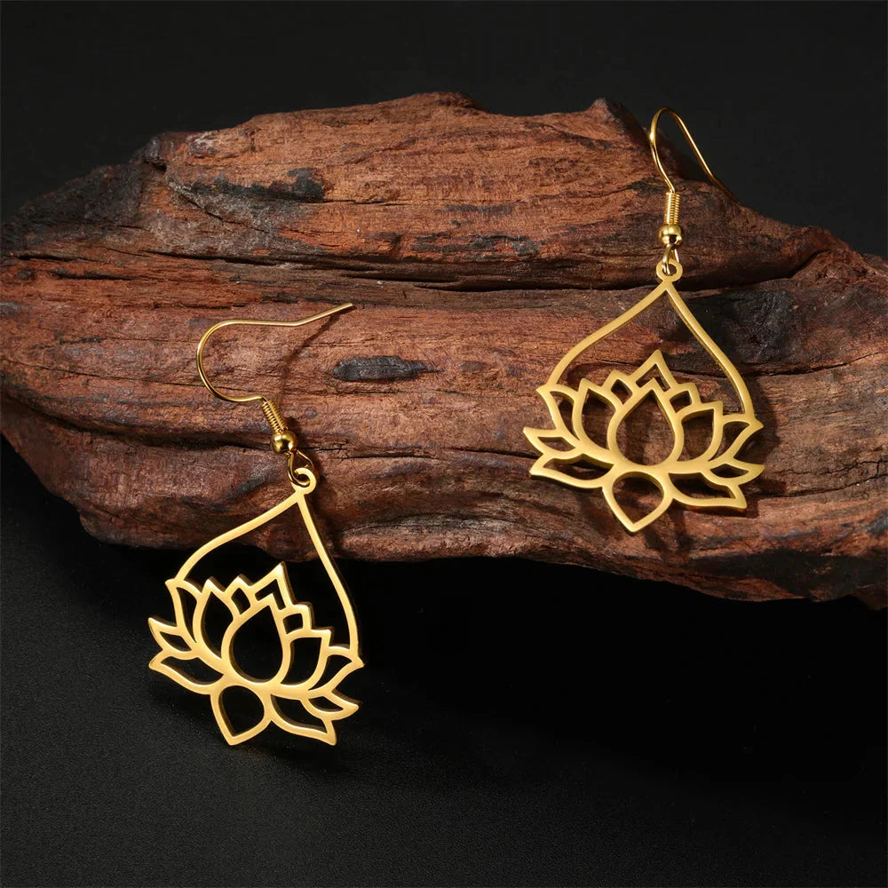 Women's Gold Lotus Flower Dangle Earrings