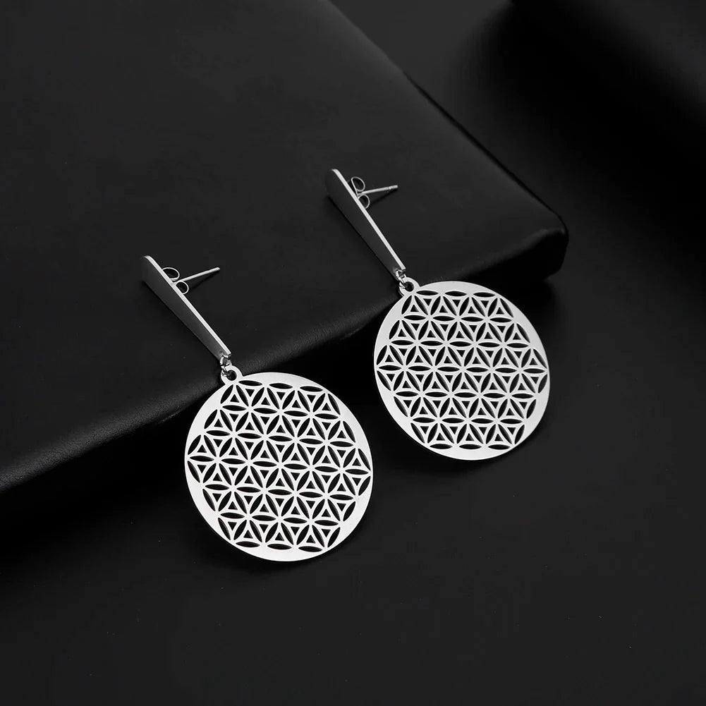 Life Flower Mandala Hanging Earrings for Women Silver