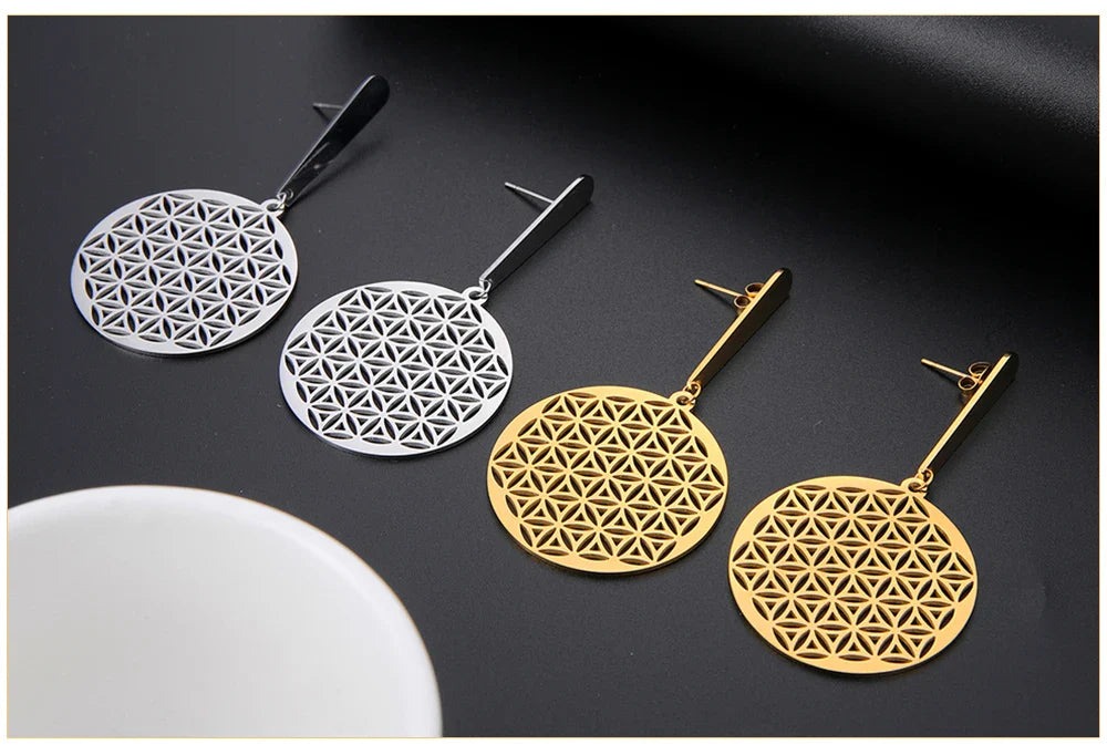 Life Flower Mandala Hanging Earrings for Women Silver