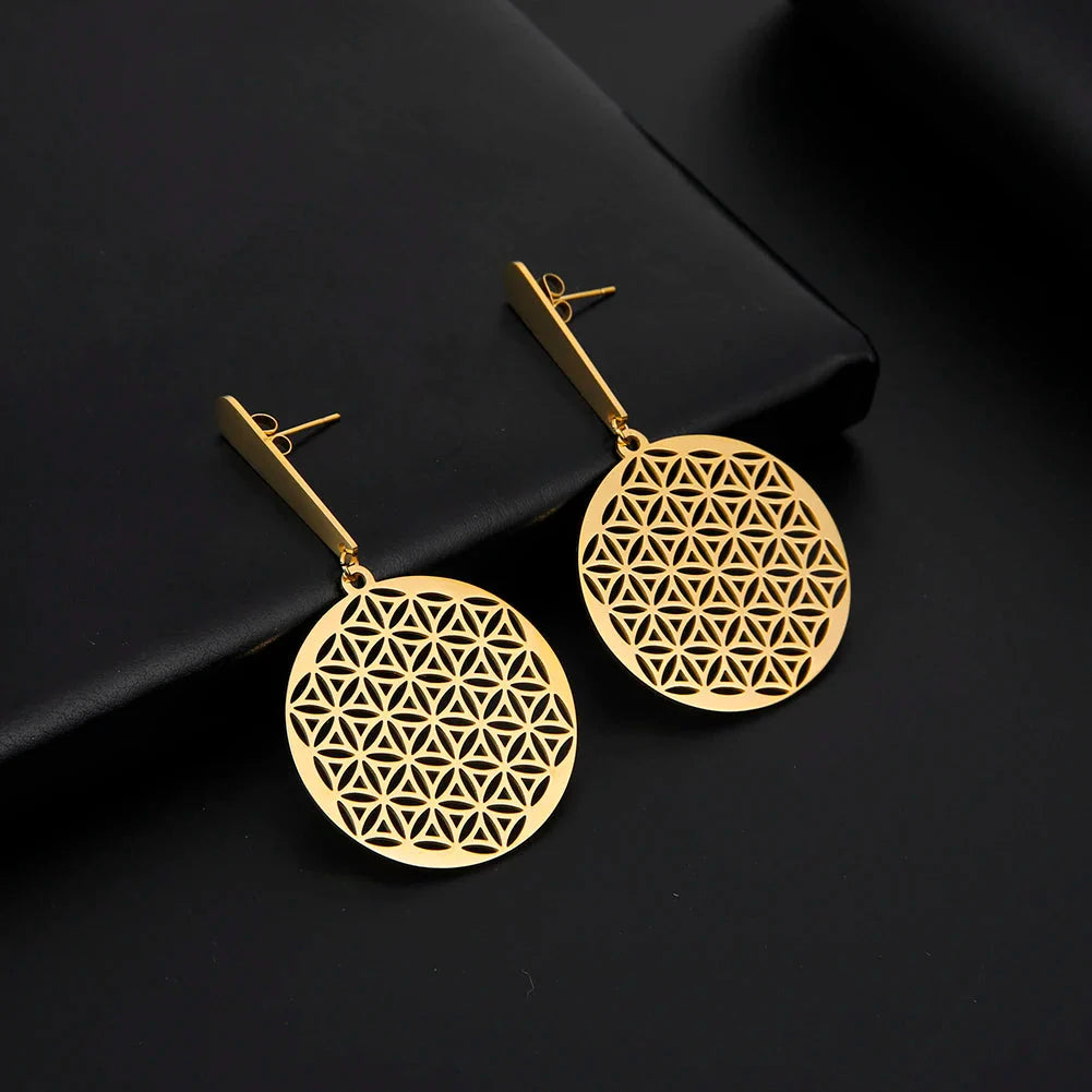 Life Flower Mandala Hanging Earrings for Women Gold