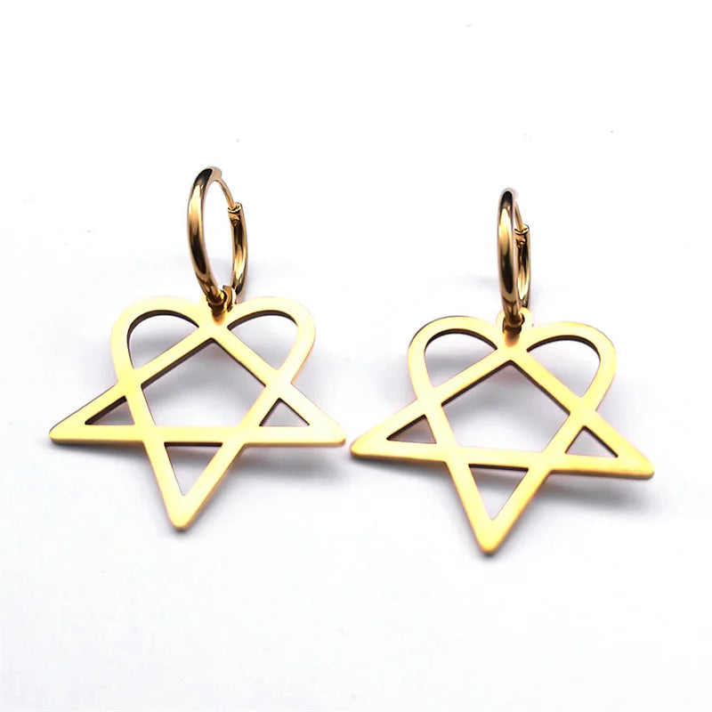 Goth Earrings "Heartagram" Gold Pentagram Heart