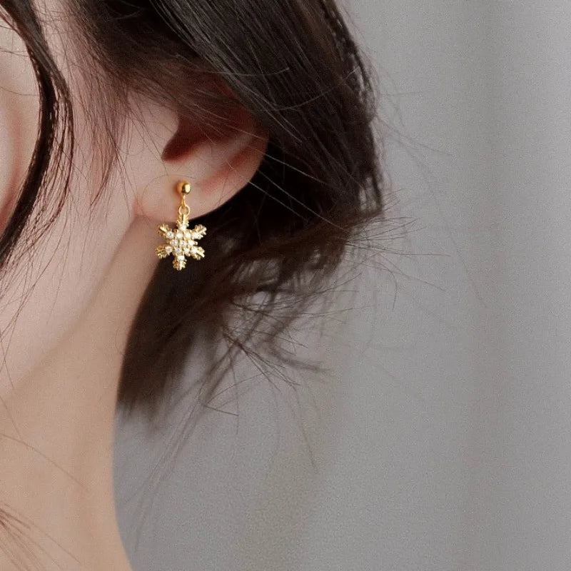 Winter Snowflake Dangle Earrings for Women Gold
