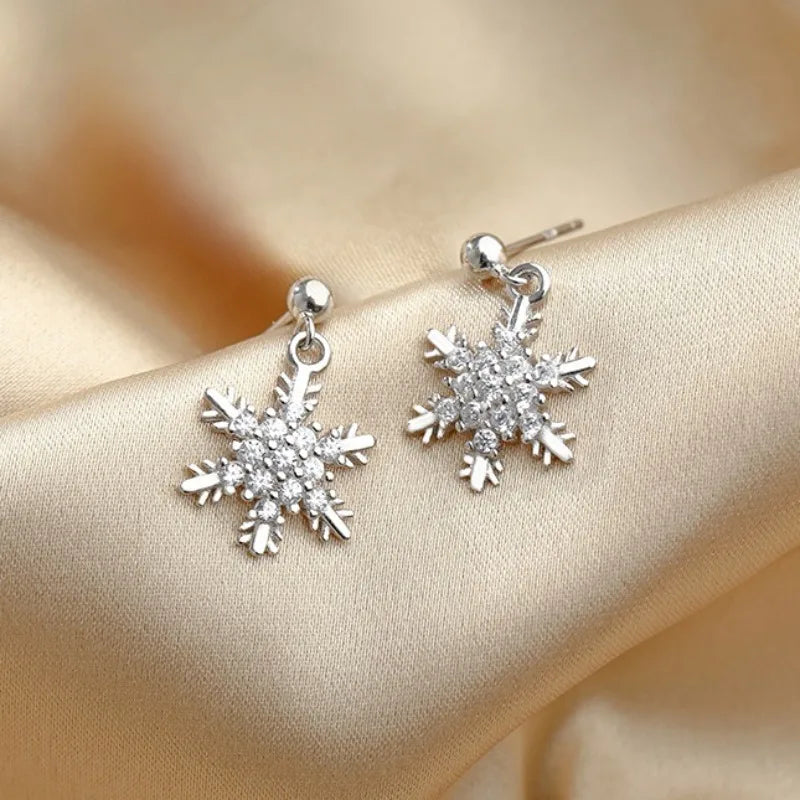 Winter Snowflake Dangle Earrings for Women Silver
