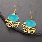 Oriental earrings with Arabic calligraphy and turquoise stone, gold