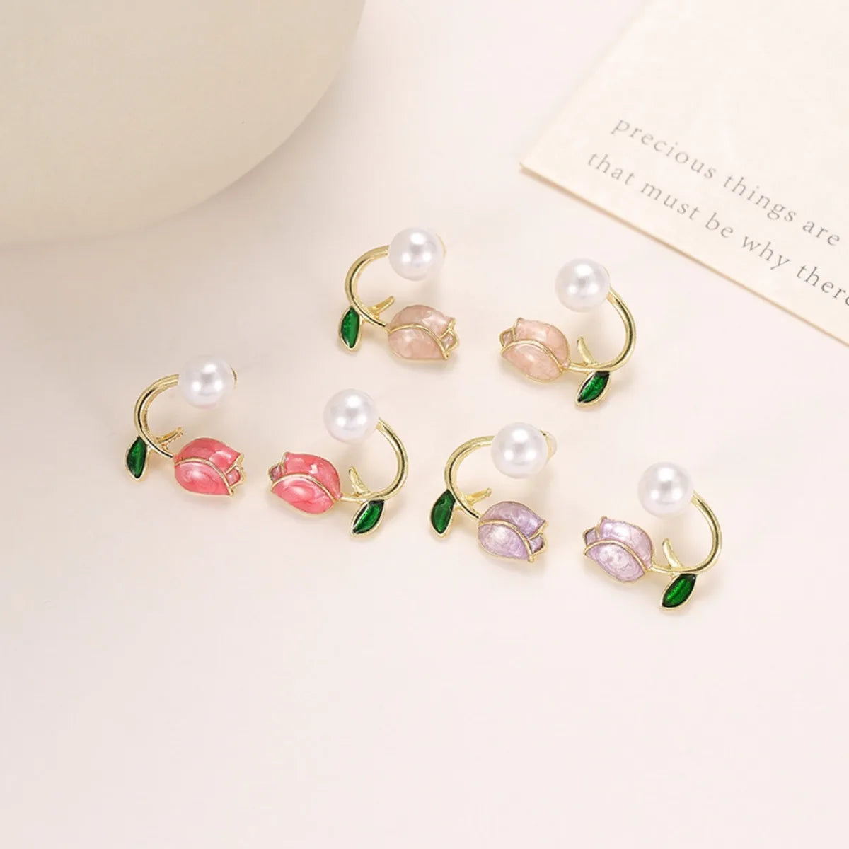 Tulip Flower and Purple Pearl Dangle Earrings