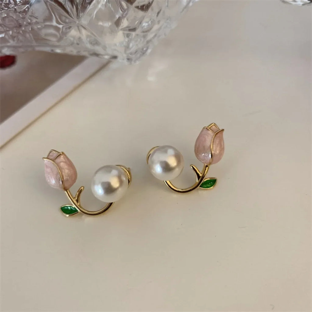 Tulip Flower and Pink Pearl Dangle Earrings