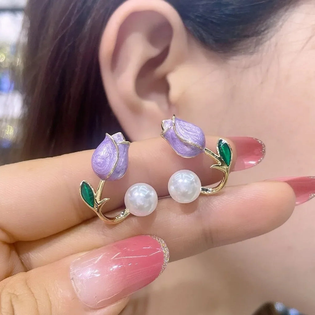 Tulip Flower and Purple Pearl Dangle Earrings