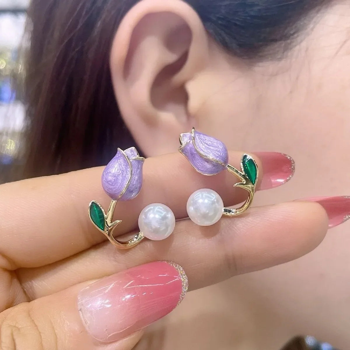 Tulip Flower and Purple Pearl Dangle Earrings