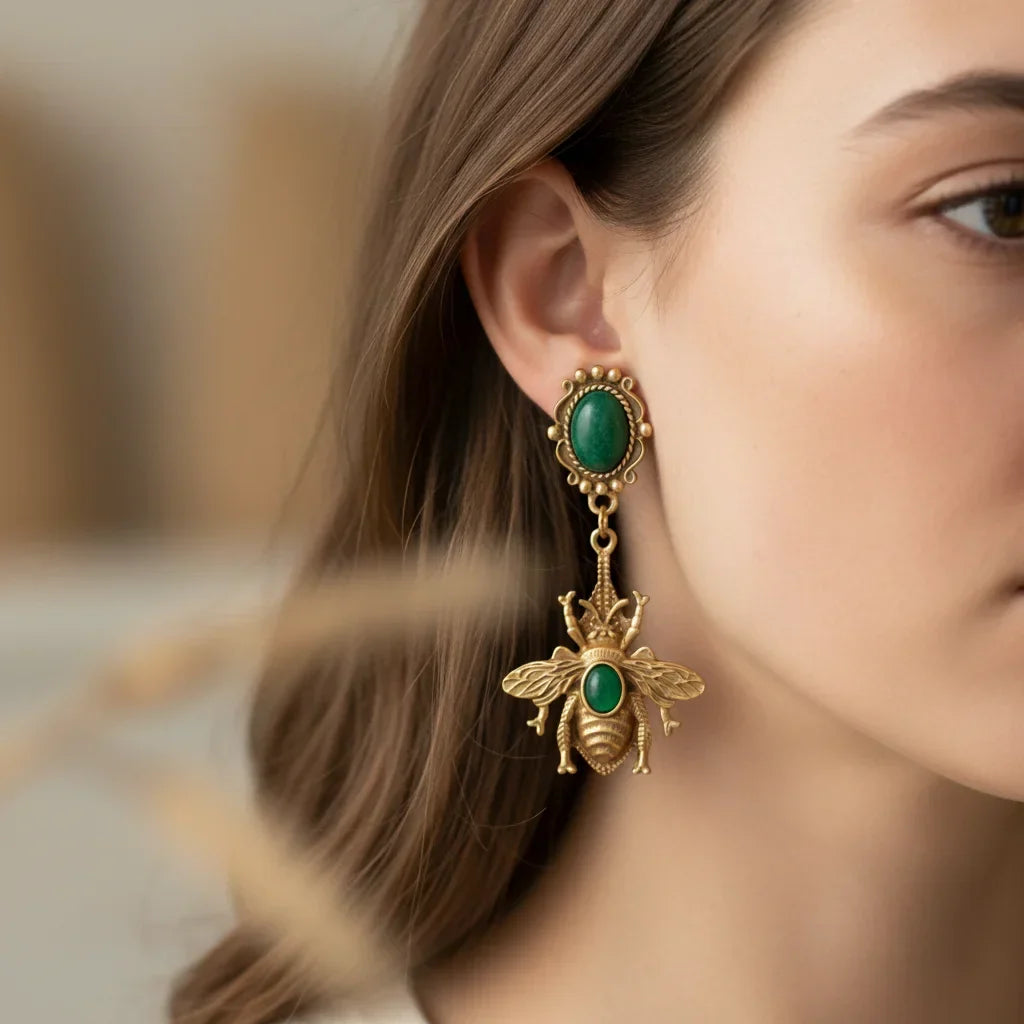 Green Bee Drop Earrings