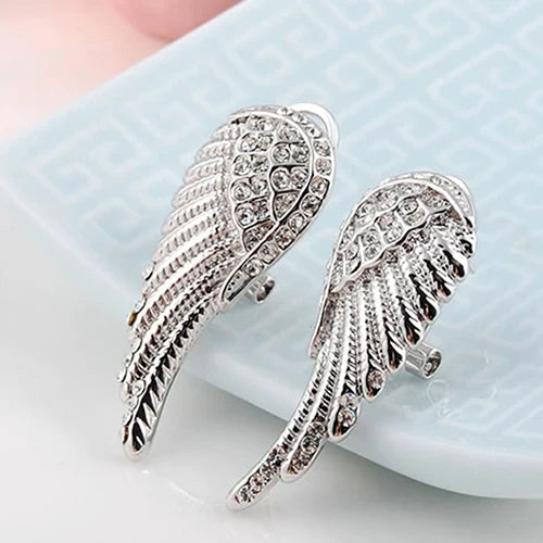 Silver angel wing rhinestone drop earrings