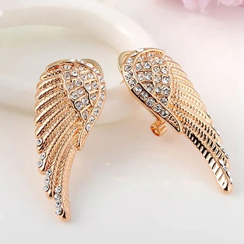 Gold angel wing rhinestone drop earrings