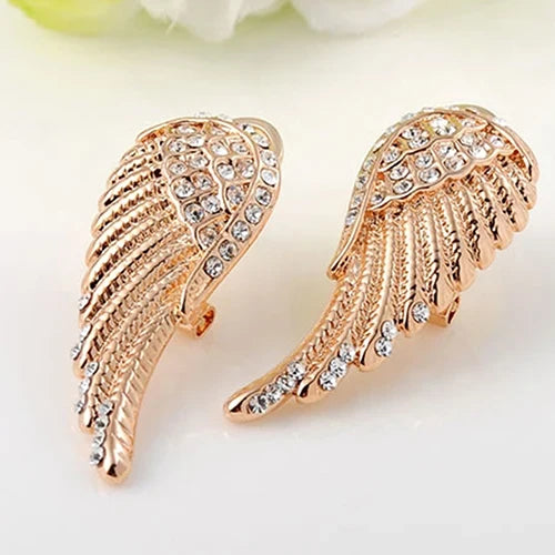 Gold angel wing rhinestone drop earrings