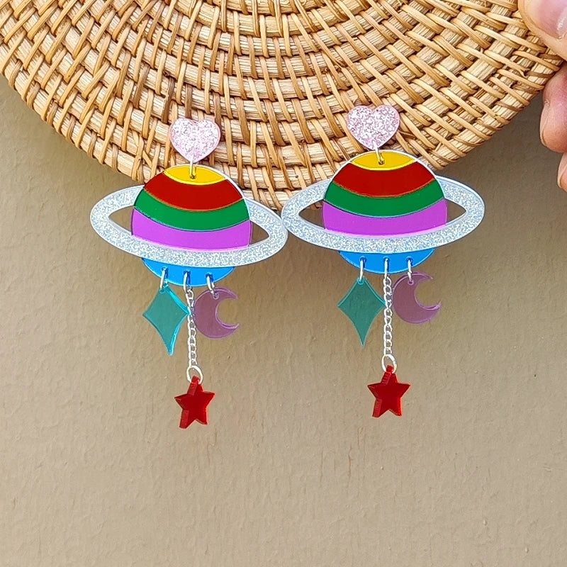 Rainbow planet drop earrings