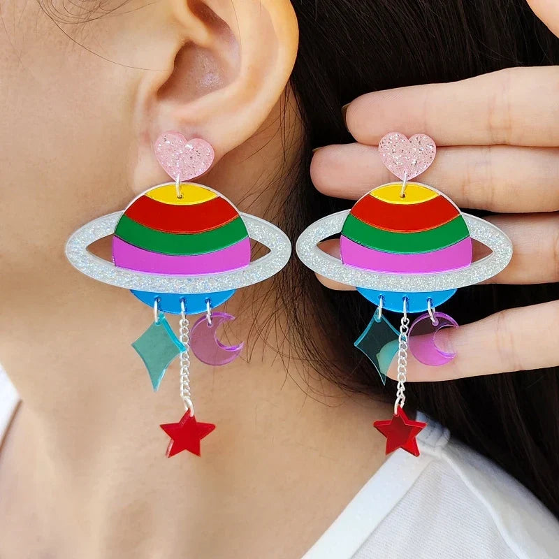Rainbow planet drop earrings