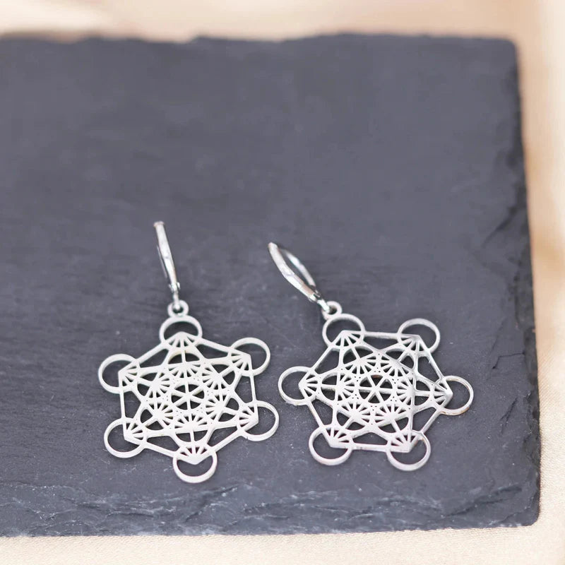 Silver Plated Hanging Earrings Metatron Cube