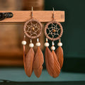 Dreamcatcher and Brown Feather Dangle Earrings