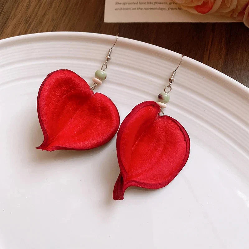 Dangling Earrings with Red Colored Leaf