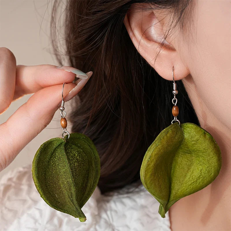 Dangling Earrings with Green Colored Leaf