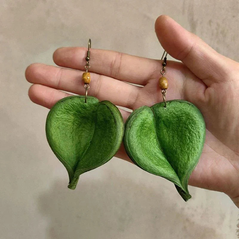 Dangling Earrings with Green Colored Leaf