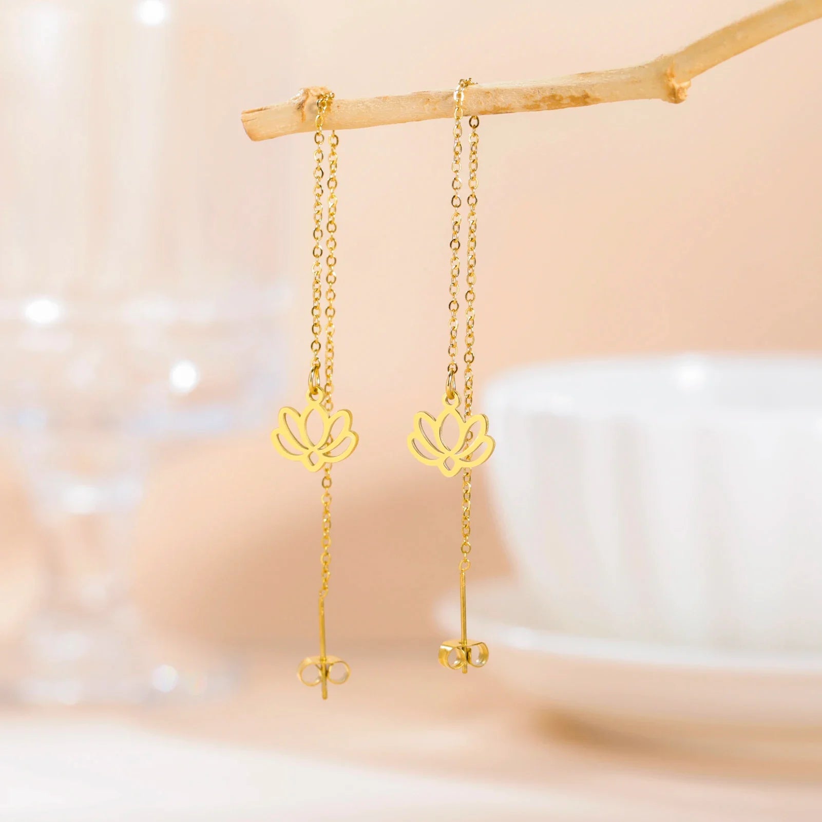 Dangling Earrings with Fine Gold Lotus Flower