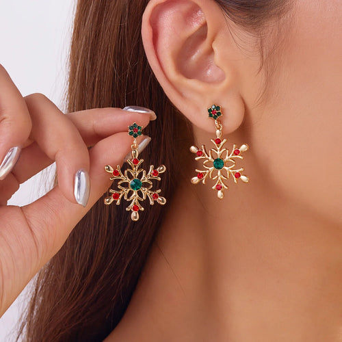 Dangling Earrings with Red and Green Snowflake